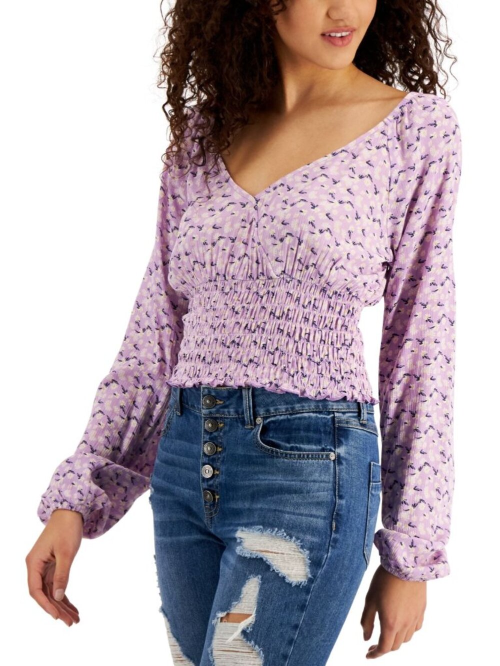 Self Esteem Juniors Floral-Print Surplice Smocked-Hem Top